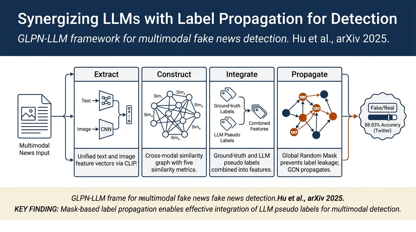 Synergizing LLMs with Global Label Propagation for Multimodal Fake News Detection